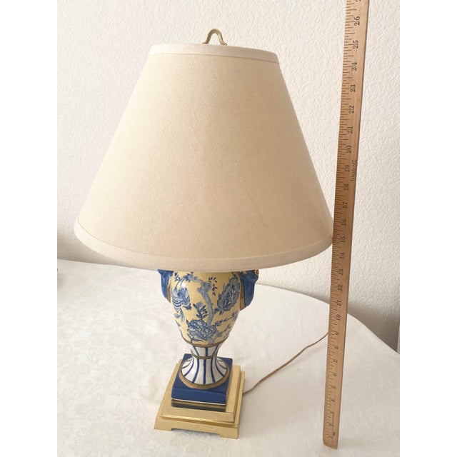 Exquisite Blue, Yellow, & White Floral & Striped Porcelain/Ceramic Urn/Vase Style With Brass Base and Upper Lamp Excellent Condition For Sale - Image 9 of 14