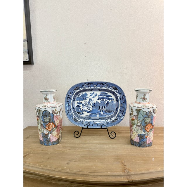 Pair of Floral Pink and Blues Vases Early 19 Century Chinese Guangxu Period Attributing the 17c Qianlong For Sale - Image 10 of 12