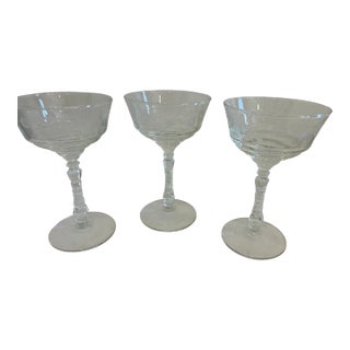 Vintage Libbey Rock Sharpe Etched Crystal Champagne Coupes - Set of 3 For Sale