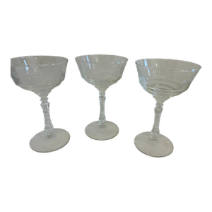 Vintage Libbey Rock Sharpe Etched Crystal Champagne Coupes - Set of 3