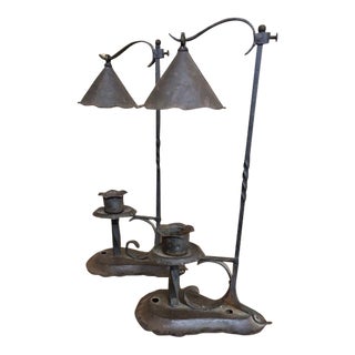 Early Wrought Iron Arts and Crafts Candle Holders, a Pair For Sale