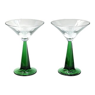 Vintage Martini/Cocktail Glasses With Etched Design and Green Stems - A Pair For Sale