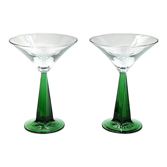 Vintage Martini/Cocktail Glasses With Etched Design and Green Stems - A Pair For Sale