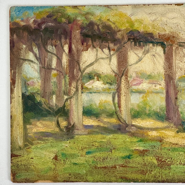 Green Early 20th Century Joyous Original O/B Post Impressionist Painting of Scenic River Scene With Vine Covered Pergola For Sale - Image 8 of 10