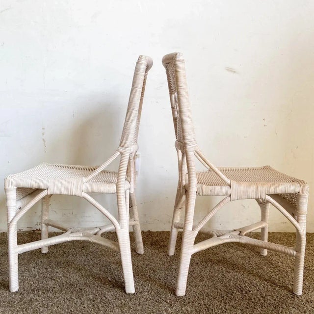 Boho Chic Boho Chic White Washed Wicker Rattan Side Chairs - a Pair For Sale - Image 3 of 10