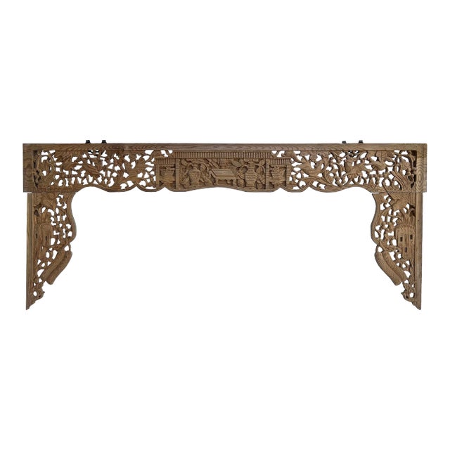 Chinese Vintage Relief Scenery Carving Arch Shape Wood Wall Art For Sale