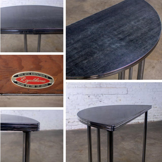1920-1940’s Art Deco Streamline Moderne Royalchrome Demilune Console Table Chrome Tube Frame & Black Laminate Top For Sale - Image 16 of 18