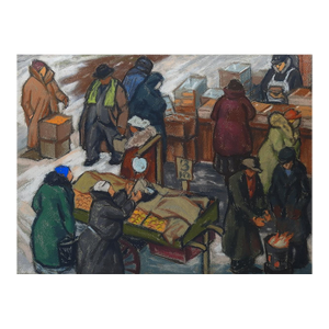 Mid 20th Century Winter Street Market Pastel Painting