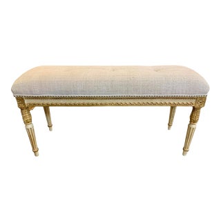 Vintage French Louis XVI Style Carved and Parcel-Gilt Upholstered Bench For Sale