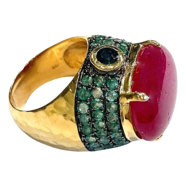 Bochic “Capri” Sapphire, Green Emerlad & Red Ruby Ring Set In 18K Gold & Silver For Sale