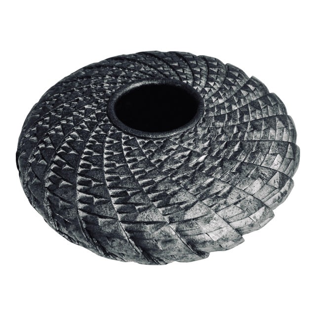 Kenneth Standhardt Round Matte Black Woven Vessel - Studio Art Pottery- Contemporary Folk Style, Pre-Columbian Influences For Sale