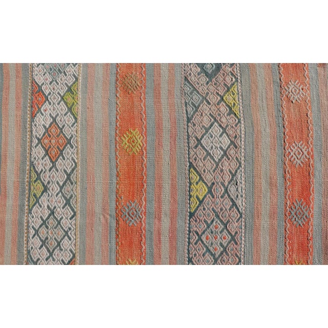Orange Colorful Vintage Turkish Embroidered Kilim With Stripe's and Geometric Motifs For Sale - Image 8 of 10