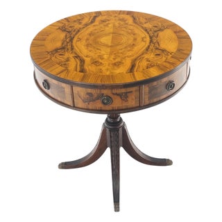 Walnut Round Drum Center Side Table Stand w/ Drawers Johnson Furniture Mint! For Sale