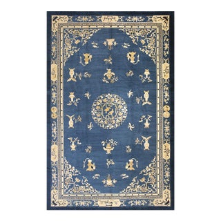 1880s Classic Floral Deco Medallion Design Light Blue Antique Chinese Peking Rug For Sale