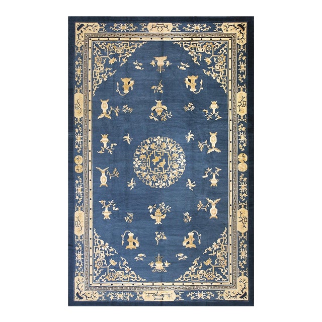 1880s Classic Floral Deco Medallion Design Light Blue Antique Chinese Peking Rug For Sale