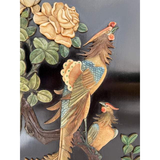 Set of 4 Asian Chinoiserie Hand Carved Soapstone and Lacquer Wall Art Panels For Sale - Image 4 of 12