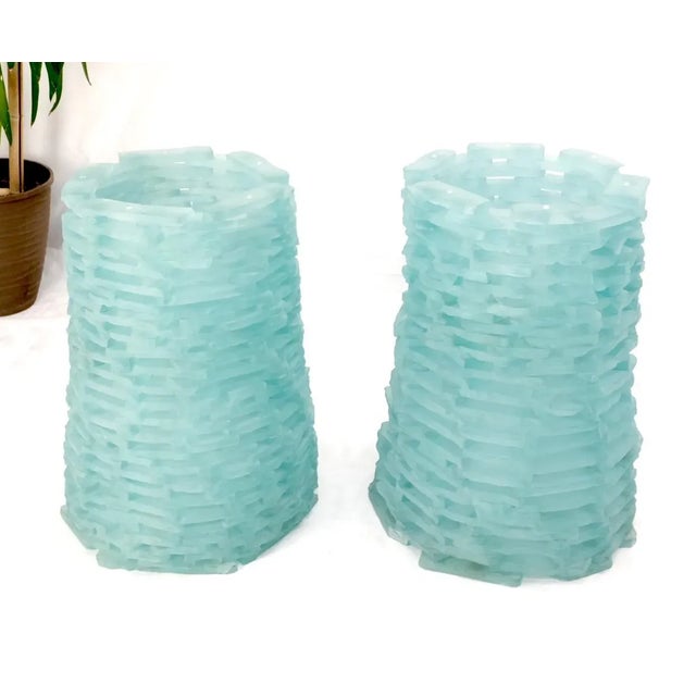 Glass Pair of Fused Glass Blocks Pedestal Bases Rounded Square Tops Dining Game Table For Sale - Image 7 of 13
