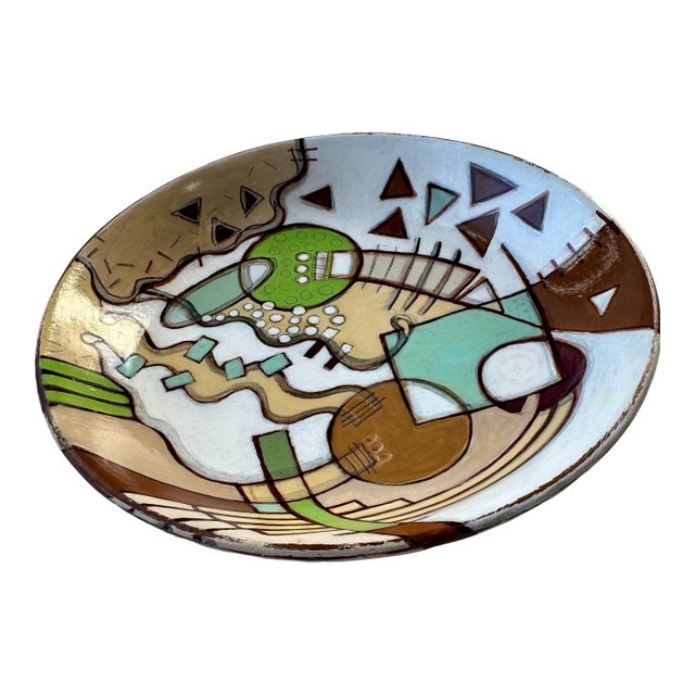 Earth Toned Hand Painted Wood Bowl For Sale