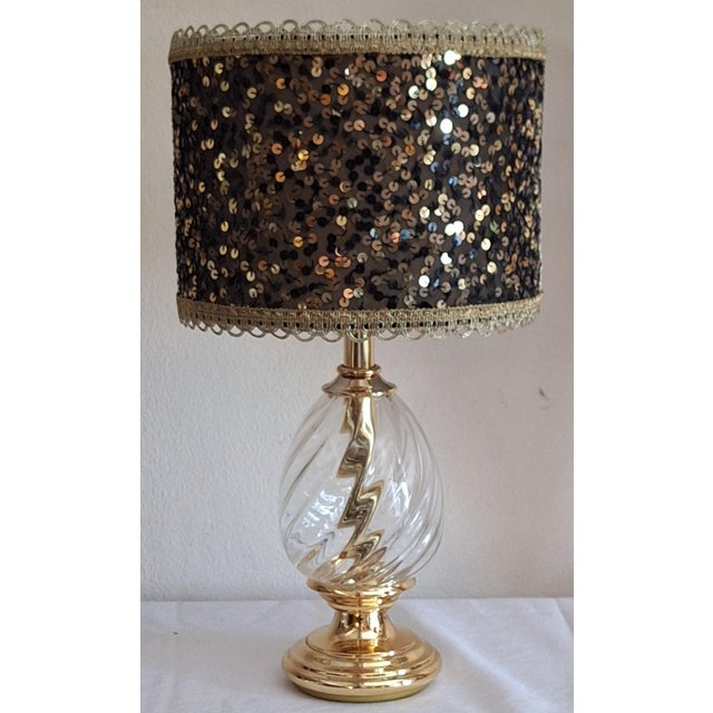 Vintage Table Lamp with Twisted Crystal Glass Base in Brass Mounting and Sequined Shade from Lamplove, 1980s, in Very Good...