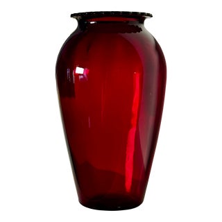 Vintage Traditional Style Scalloped Edged Red Glass Vase For Sale