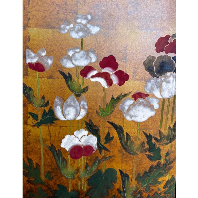 Vintage Hiyakuho Imayasu Japanese Hand-Painted Floral Gold Byobu Screen For Sale - Image 9 of 18