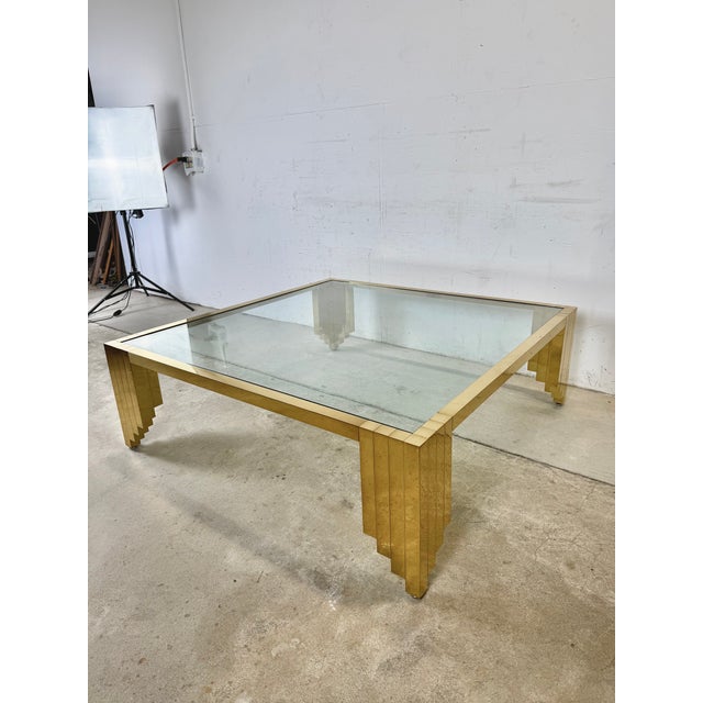 Metal Monumental Vintage Brass & Glass Square Coffee Table, Cityscape Manner, 48 X 48 For Sale - Image 7 of 18