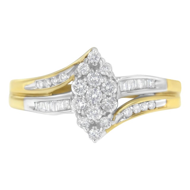 10K Yellow and White Gold 1/2 Cttw Diamond Marquise Shaped Cluster Split Shank Ring (H-I Color, SI2-I1 Clarity) - Size 6 For Sale
