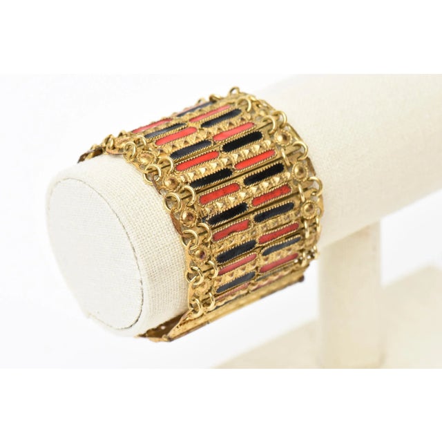 Gold 1950's Grecian Gold Plated Metal With Red and Black Enamel Cuff Bracelet For Sale - Image 8 of 10