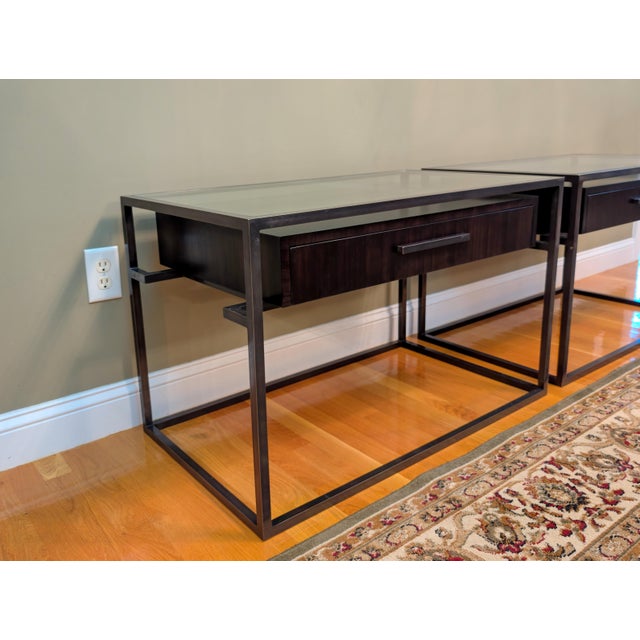 Restoration Hardware Restoration Hardware Industrial Glass-Top Nightstands, Herringbone Wood Inlay – Pair For Sale - Image 4 of 5