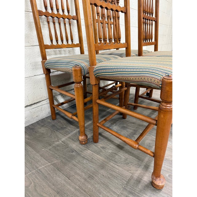 Vintage Colonial Style Spindle Back Upholstered Dining Chairs - Set of 4 For Sale - Image 10 of 13