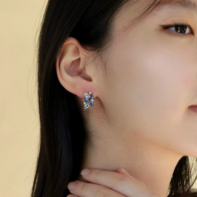 Nina Zhou Jewelry Nina Zhou Sapphire, Aquamarine and Diamond Cluster Earrings in 18k Yellow Gold, A Pair For Sale - Image 4 of 6