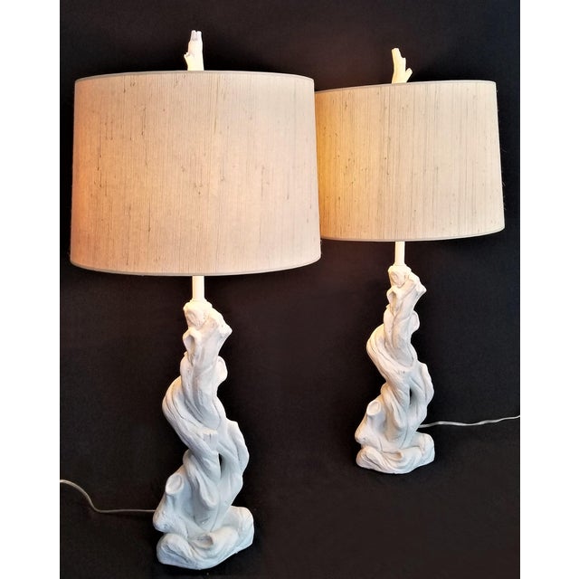 Boho Chic Faux Bois Solid White Plaster Tree Table Lamps -A Pair - Authentic 1950s - Serge Roche Style - Palm Beach Boho Chic For Sale - Image 3 of 12
