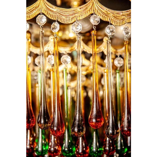 Pink Italian Brass and Multicolored Teardrop Chandelier, 1930s For Sale - Image 8 of 18