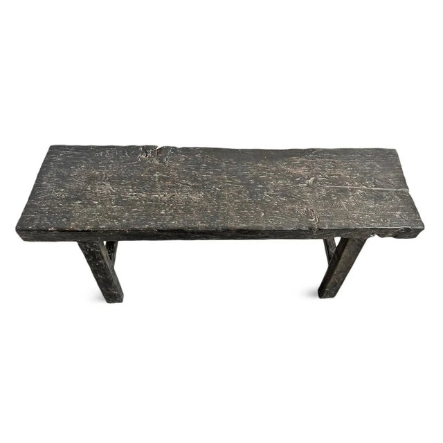 Handsome blackened wood farmhouse rustic modern bench. Thick 2" solid elm with deep grain and beautiful texture. Simple...