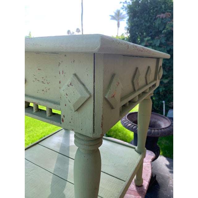 Antique Primitive Wood Work or Center Table Rustic Green Paint For Sale - Image 10 of 12