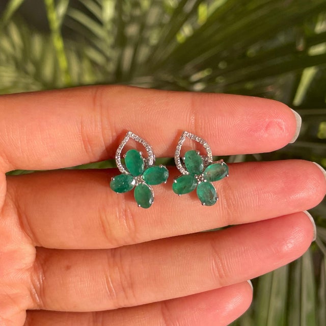 4.22 Ct Natural Pear Emerald & Diamond Floral Cluster Stud Earrings in 925 Silver, a Pair For Sale - Image 4 of 12