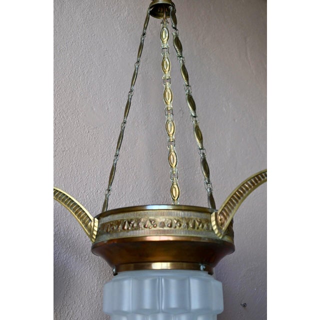 Art Deco Brass and Frosted Pressed Glass Chandelier, 1920s For Sale - Image 17 of 18