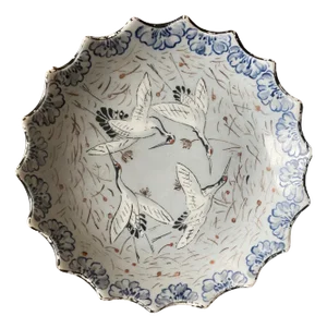 Meiji Japanese Light Blue Porcelain Dish with Cranes, 1890s
