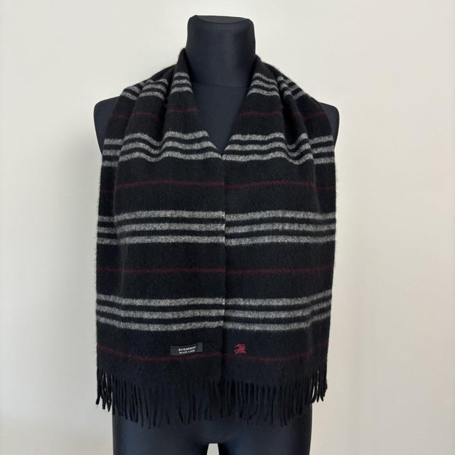 Burberry Black Label 100% Cashmere Scarf. Black with grey and burgundy stripes, embroidered Burberry knight logo and...