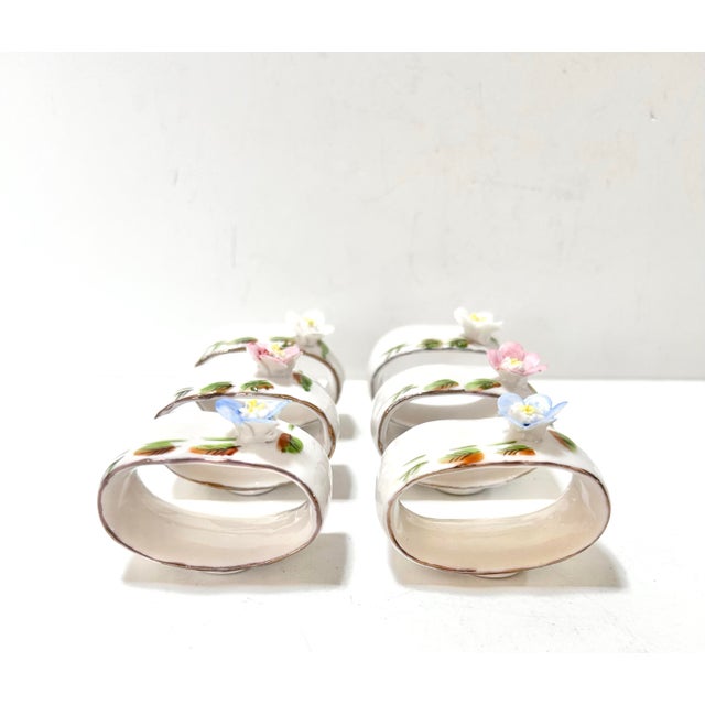 Pink Vintage Shafford Hand-Painted Porcelain Napkin Rings With Applied Flowers – Set of 6 Cottage Tabletop Decor For Sale - Image 8 of 12