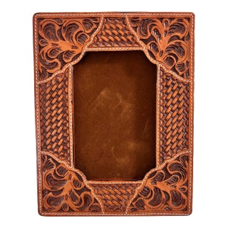 1970s Southwestern Tooled Leather Picture Frame With Croc Embossed Accents For Sale