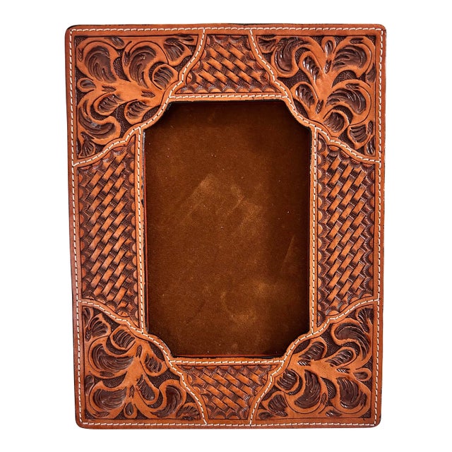 1970s Southwestern Tooled Leather Picture Frame With Croc Embossed Accents For Sale