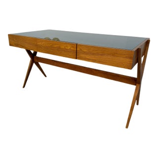 1990s Italian Desk With Dark Green Glass Top For Sale