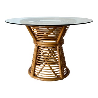 Vintage Circular Rattan Dining Table W/ Glass Top For Sale