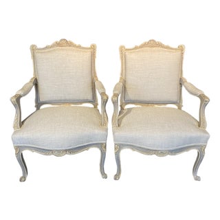 19th Century Updated Painted Louis XV Armchairs or Fauteuils -a Pair For Sale