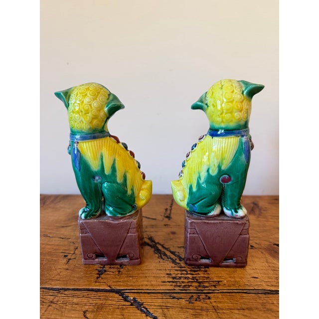 Chinoiserie Pair of Vintage Colorful Small Chinese Porcelain Foo Dogs For Sale - Image 3 of 9