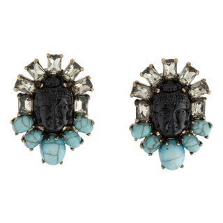 Iradj Moini Earrings Turquoise Buddha Enlightment Onyx Citrine Gemstones Clip On, Pair For Sale