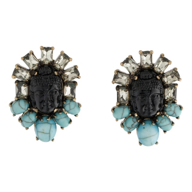 Iradj Moini Earrings Turquoise Buddha Enlightment Onyx Citrine Gemstones Clip On, Pair For Sale
