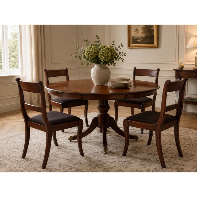 An antique Regency set of four mahogany dining chairs with beautifully figured bar backs, upholstered seats and elegant...