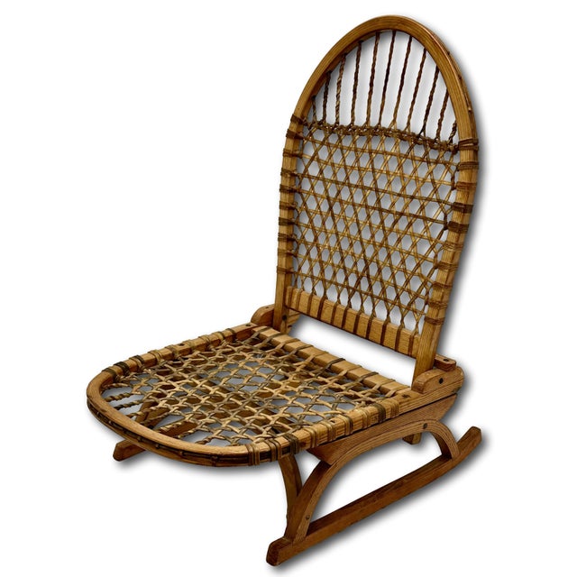 Vintage Mid 1900s "Snow Shoe" Style Stream Bent Ash Wood & Hand Woven Hide Canoe & Camping Folding Chair For Sale - Image 4 of 18